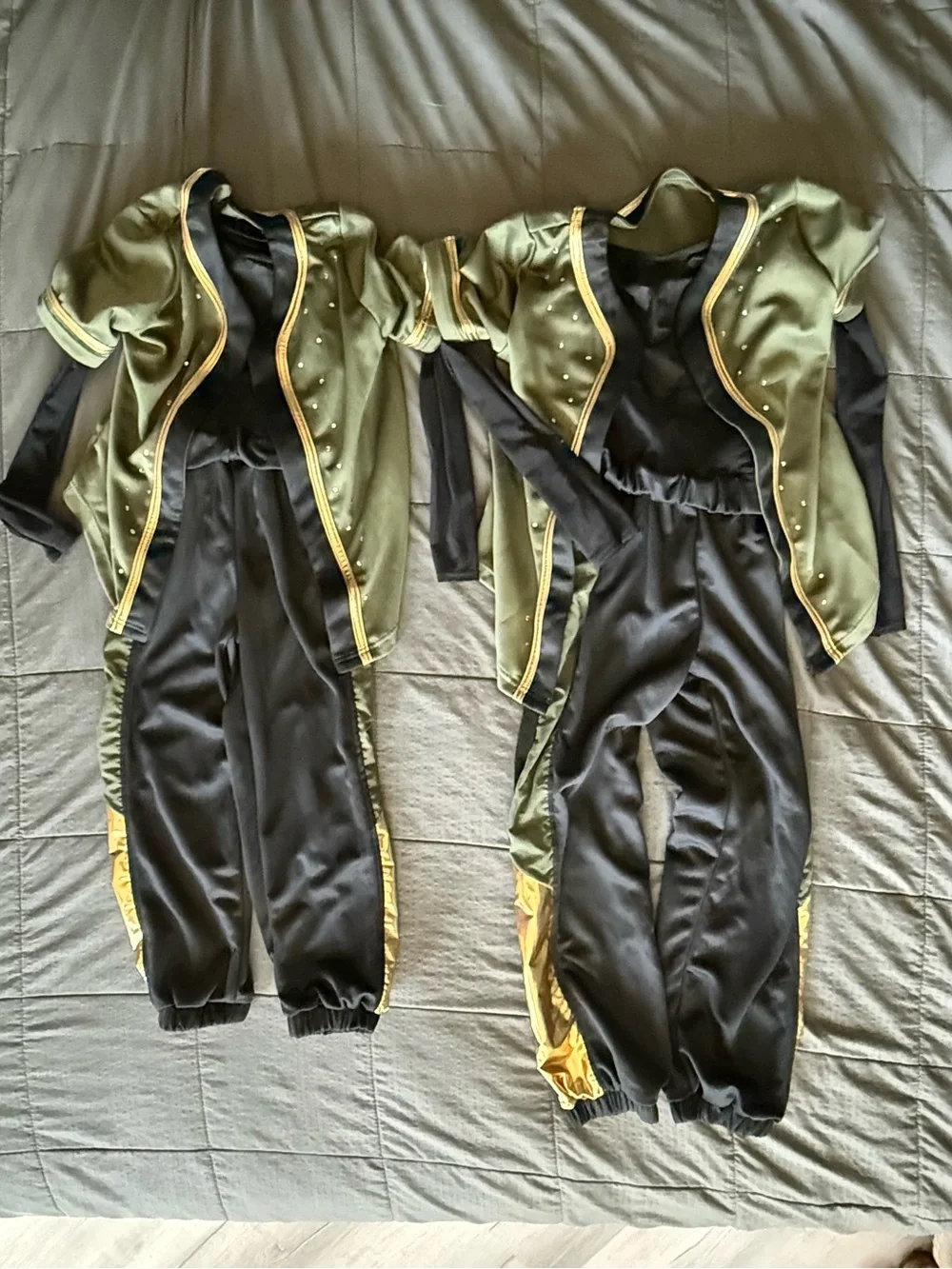 Weissman Black Jumpsuit with Olive Panels and Gold Accents